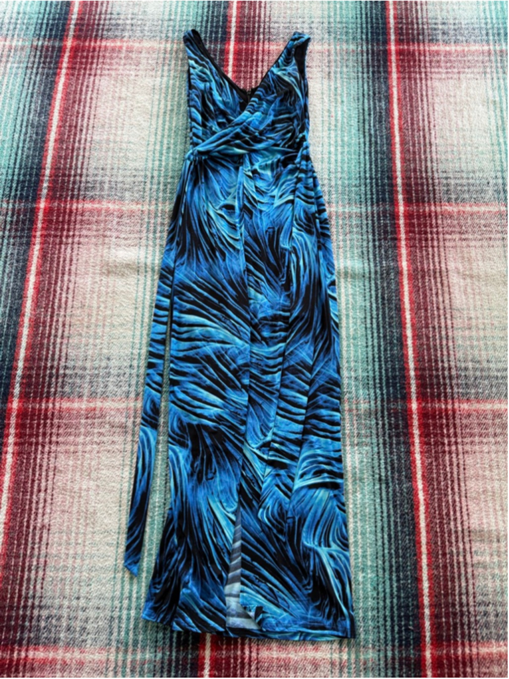 Vintage Y2K CACHÉ Electric Blue Black Abstract Floral Print Maxi Slit Dress S